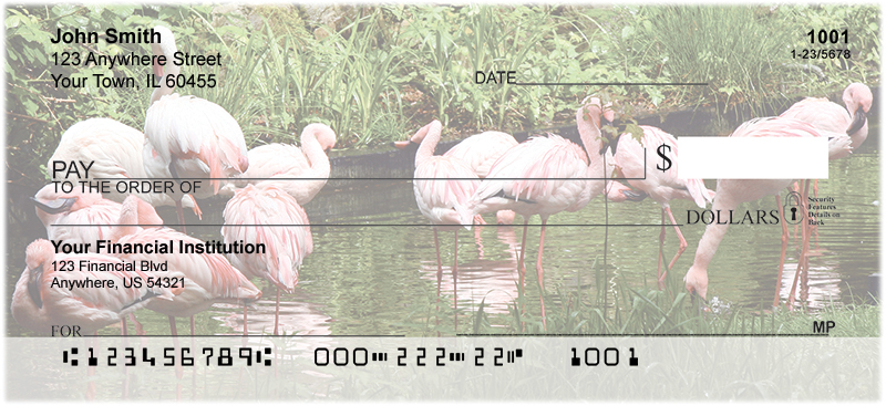 With four rotating images of their one legged silliness, these checks are batter than any lawn flamingo you can find!