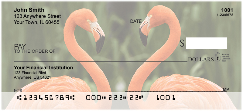 With four rotating images of their one legged silliness, these checks are batter than any lawn flamingo you can find!