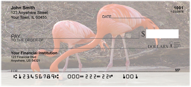 With four rotating images of their one legged silliness, these checks are batter than any lawn flamingo you can find!